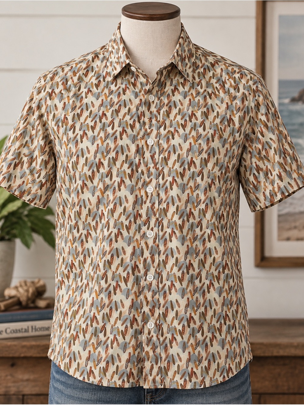 Stitch Note Men’s XL Egyptian Cotton Surfboard Print Coastal Button Up Shirt